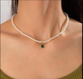 Women Pearl Necklace with Green Gemstone Pendant