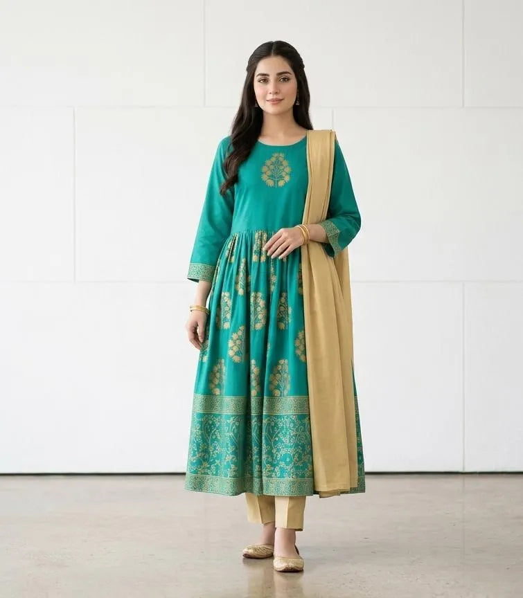 Turquoise Block Printed 3Pcs Maxi Set for Women