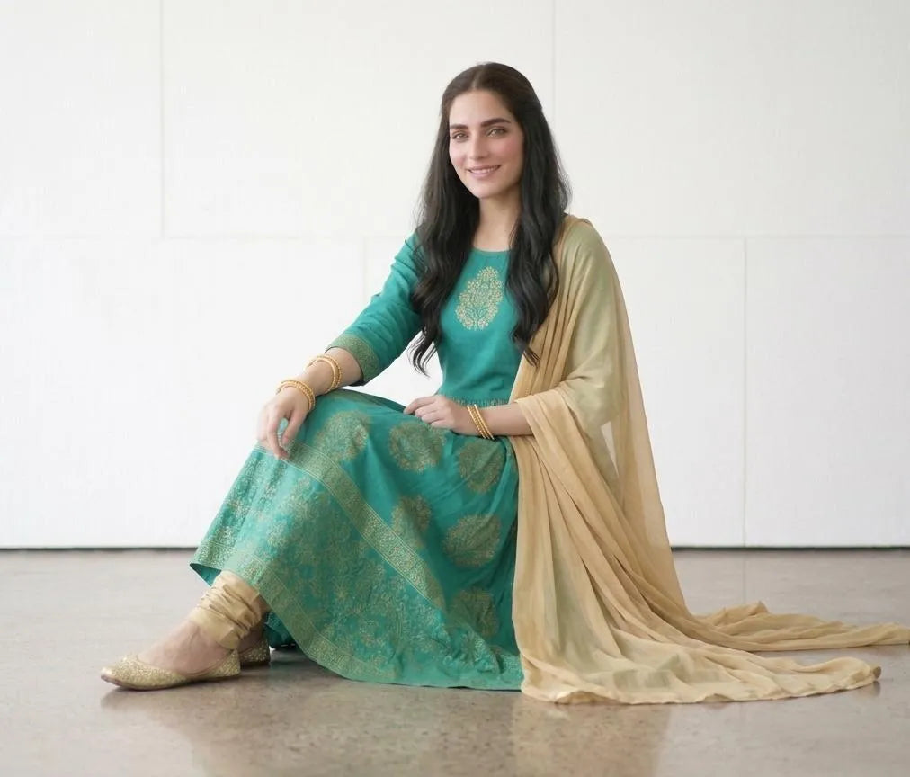 Turquoise Block Printed 3Pcs Maxi Set for Women