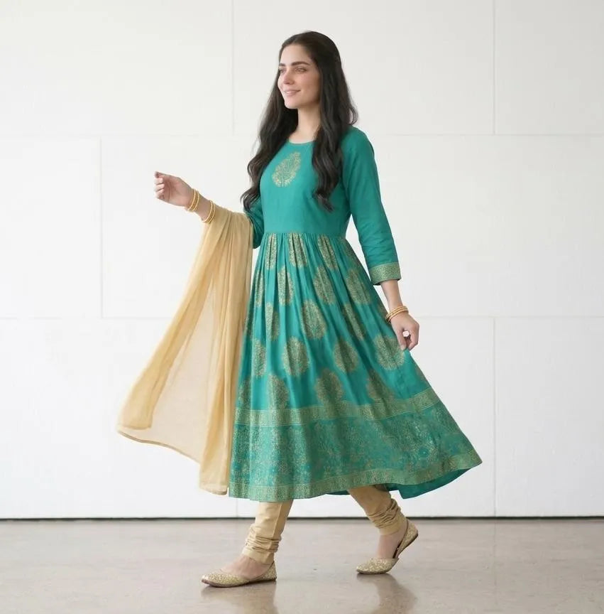 Turquoise Block Printed 3Pcs Maxi Set for Women