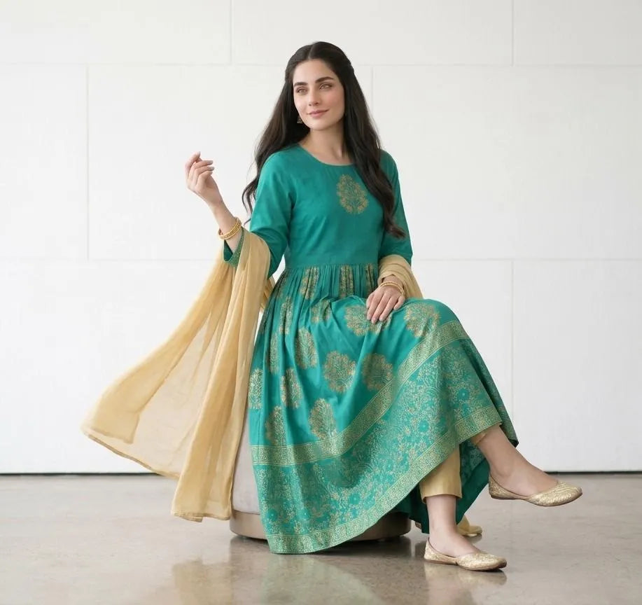 Turquoise Block Printed 3Pcs Maxi Set for Women