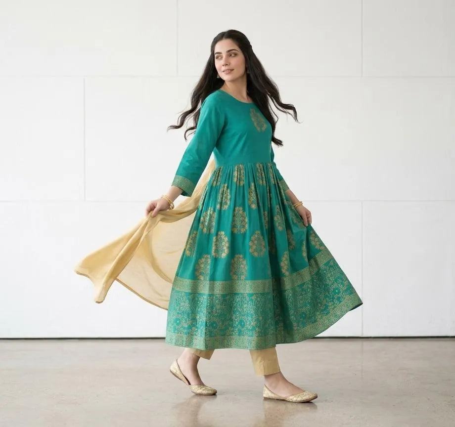 Turquoise Block Printed 3Pcs Maxi Set for Women