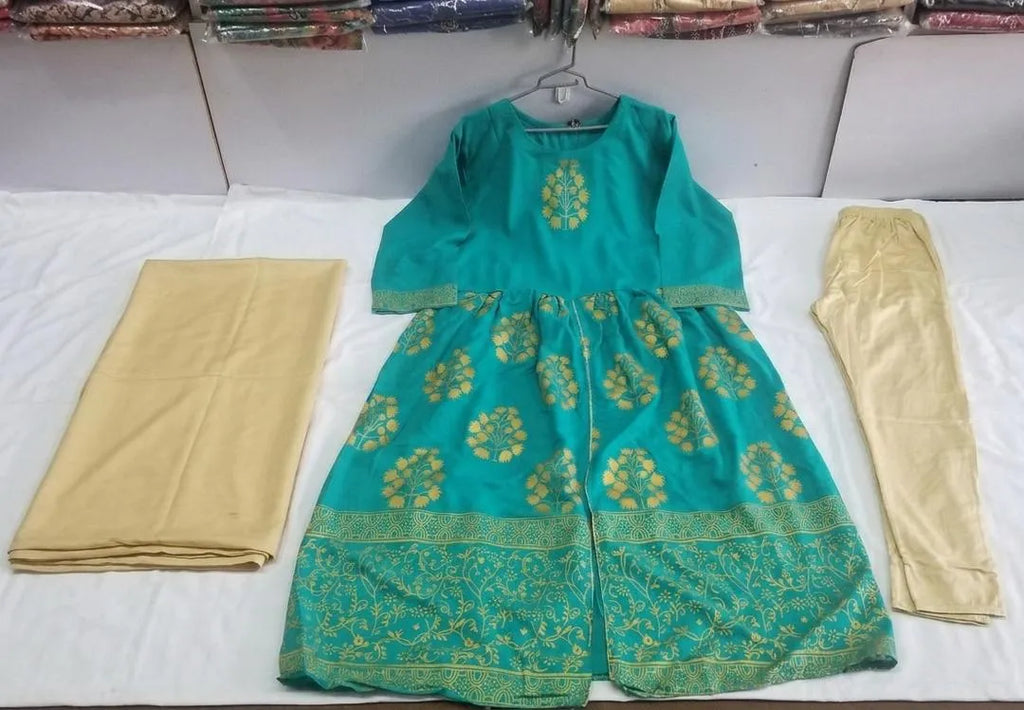 Turquoise Block Printed 3Pcs Maxi Set for Women