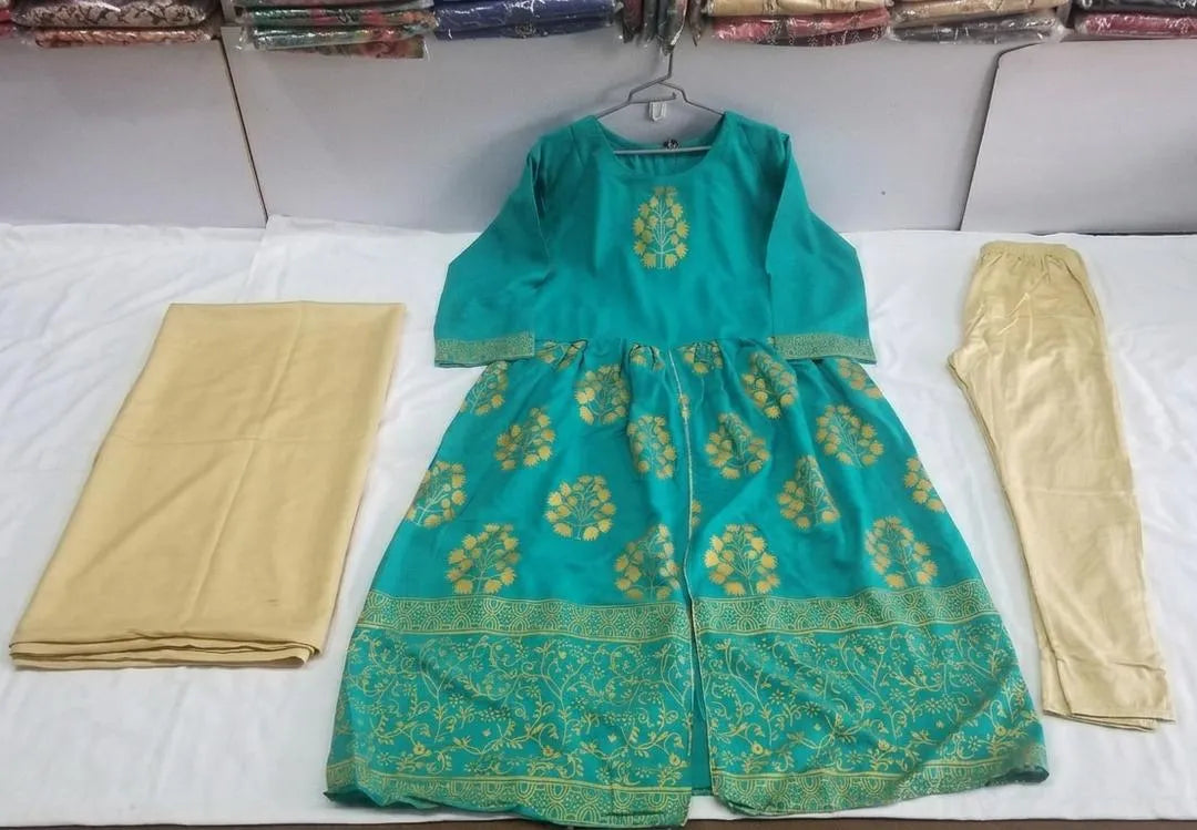 Turquoise Block Printed 3Pcs Maxi Set for Women