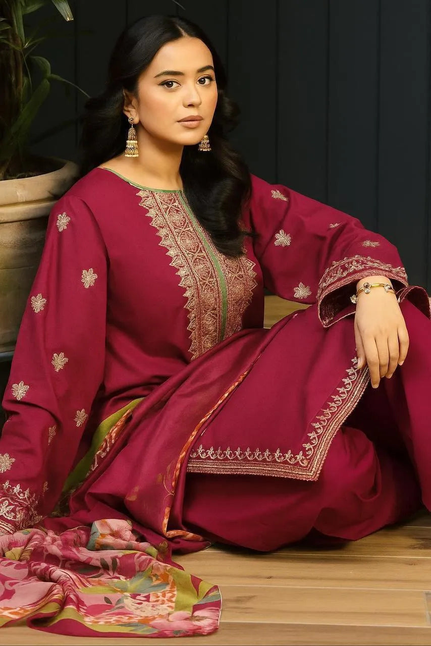 Pink Embroidered Lawn 3Pcs Suit for Women