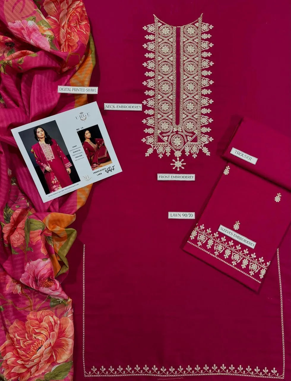 Pink Embroidered Lawn 3Pcs Suit for Women
