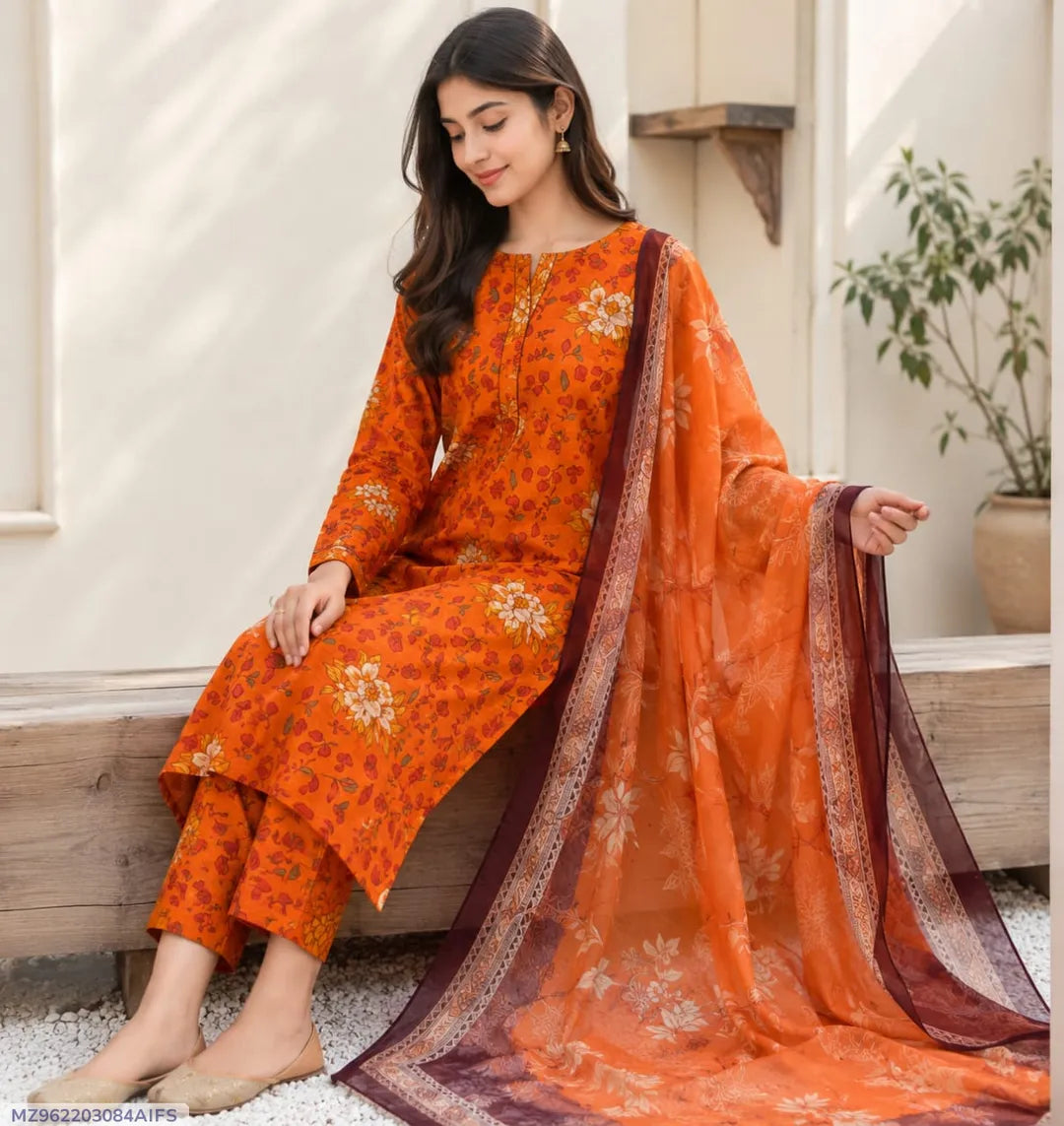 Orange Digital Print 3 Pcs Women's Lawn Suit