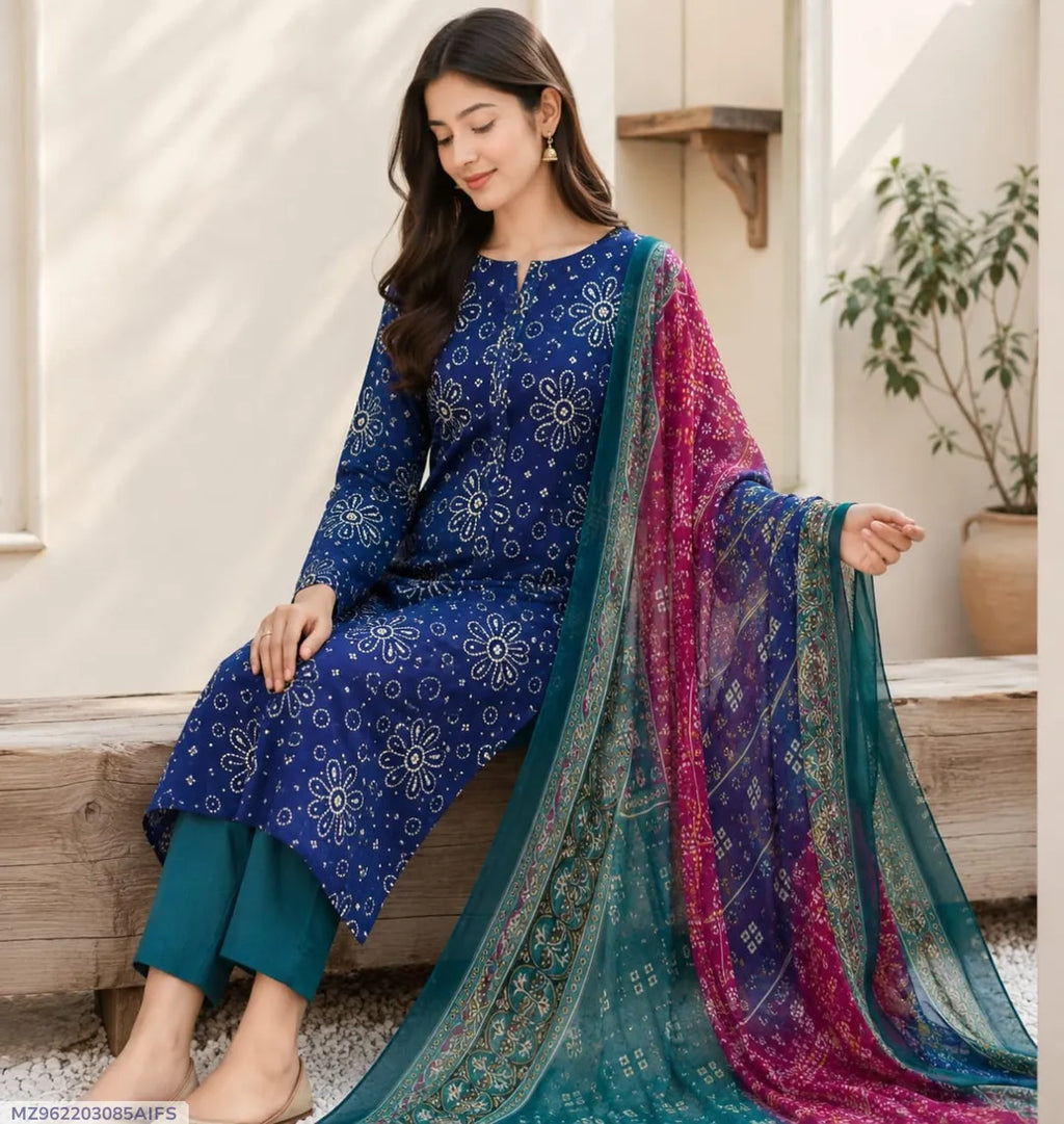 Women's 3-Piece Blue Digital Print Lawn Suit for Eid