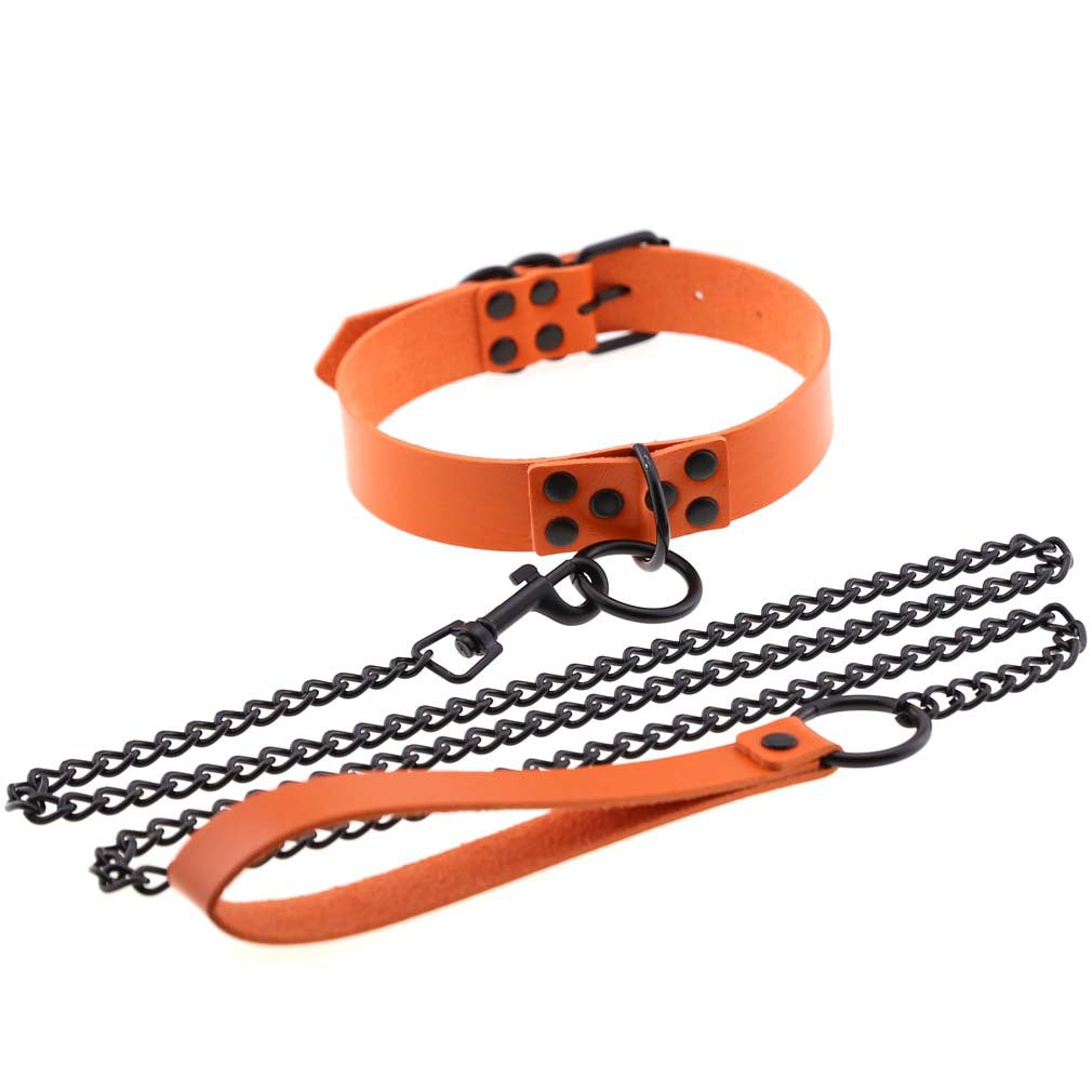 Black Leather Collar Necklace with Chain Leash