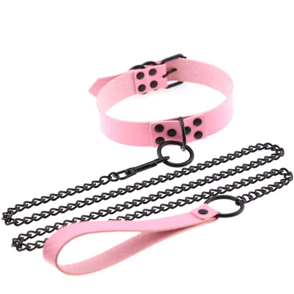 Black Leather Collar Necklace with Chain Leash
