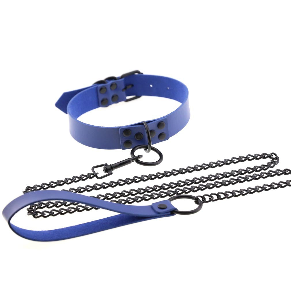 Black Leather Collar Necklace with Chain Leash