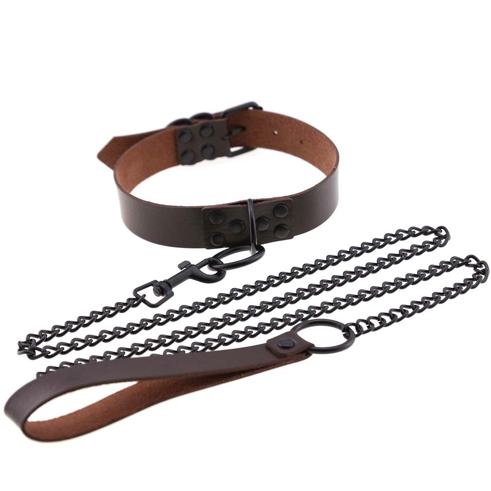 Black Leather Collar Necklace with Chain Leash