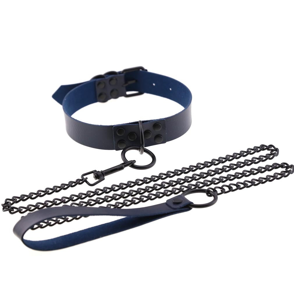 Black Leather Collar Necklace with Chain Leash