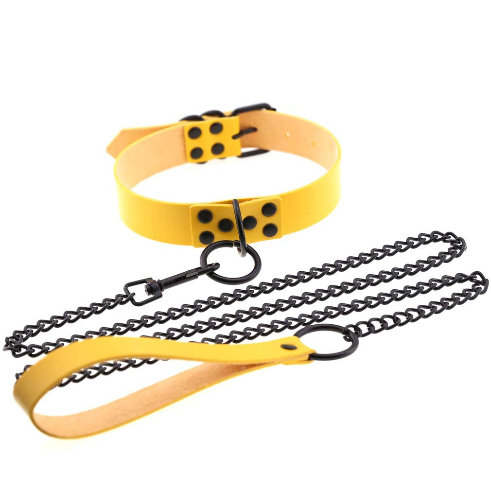 Black Leather Collar Necklace with Chain Leash