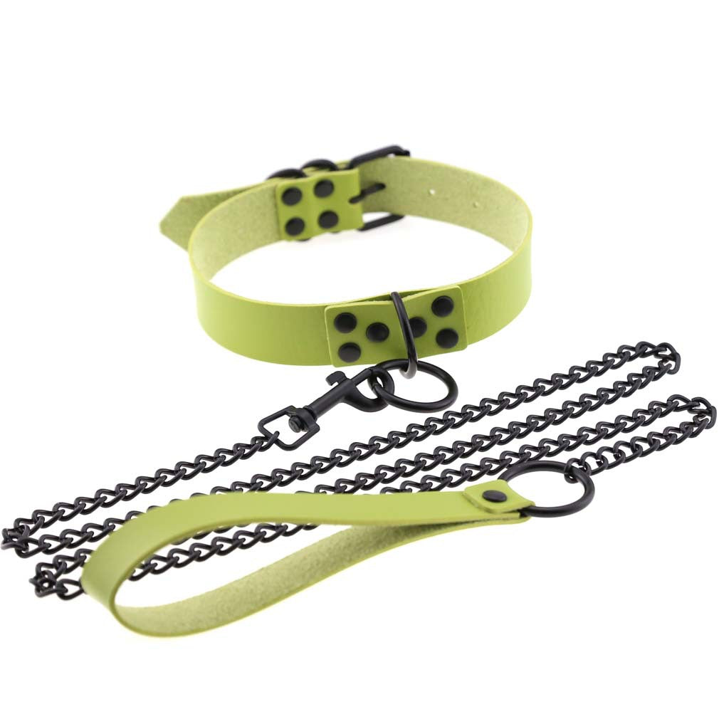 Black Leather Collar Necklace with Chain Leash