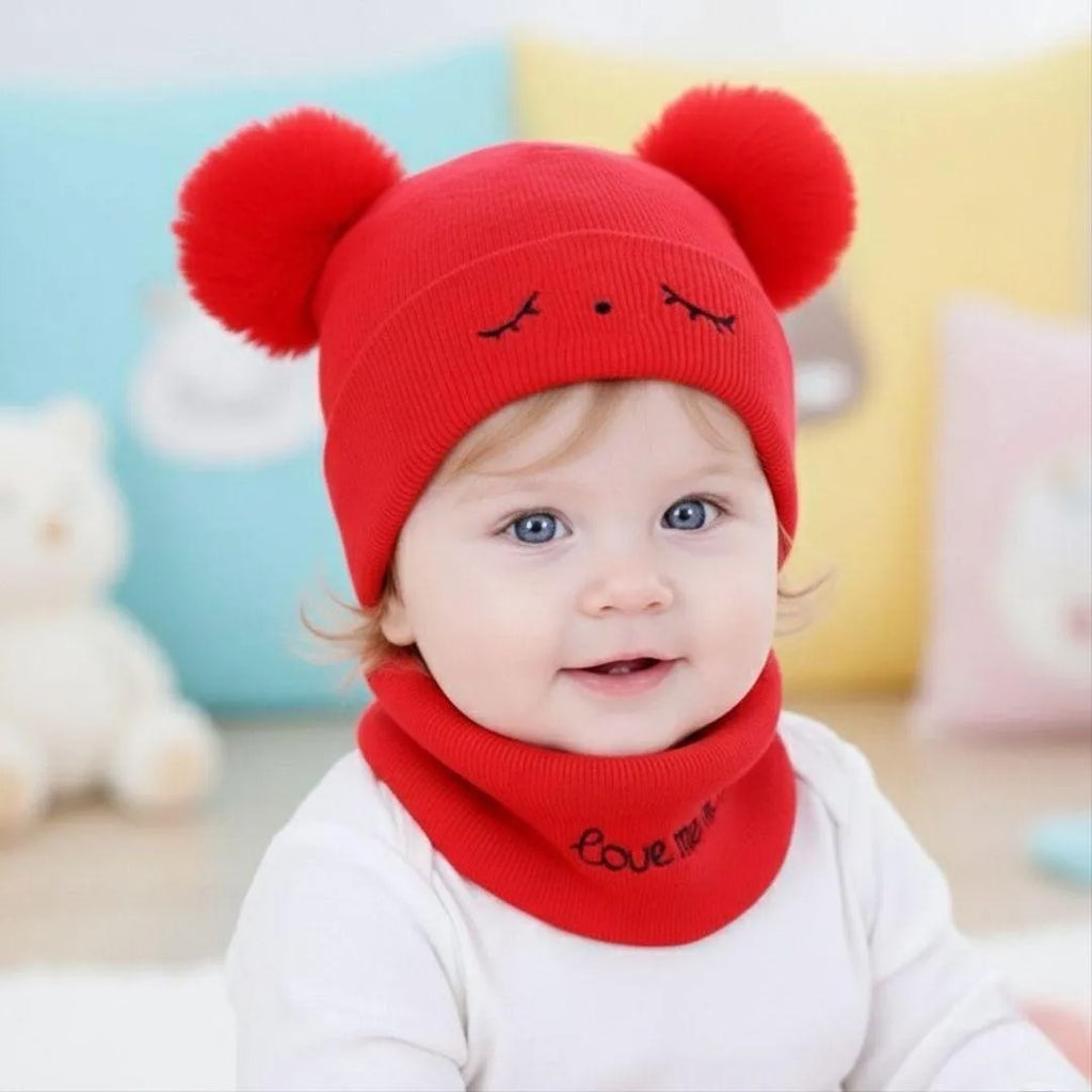 Kids Wool Beanie & Neck Warmer Red Brown Pink Grey Blue