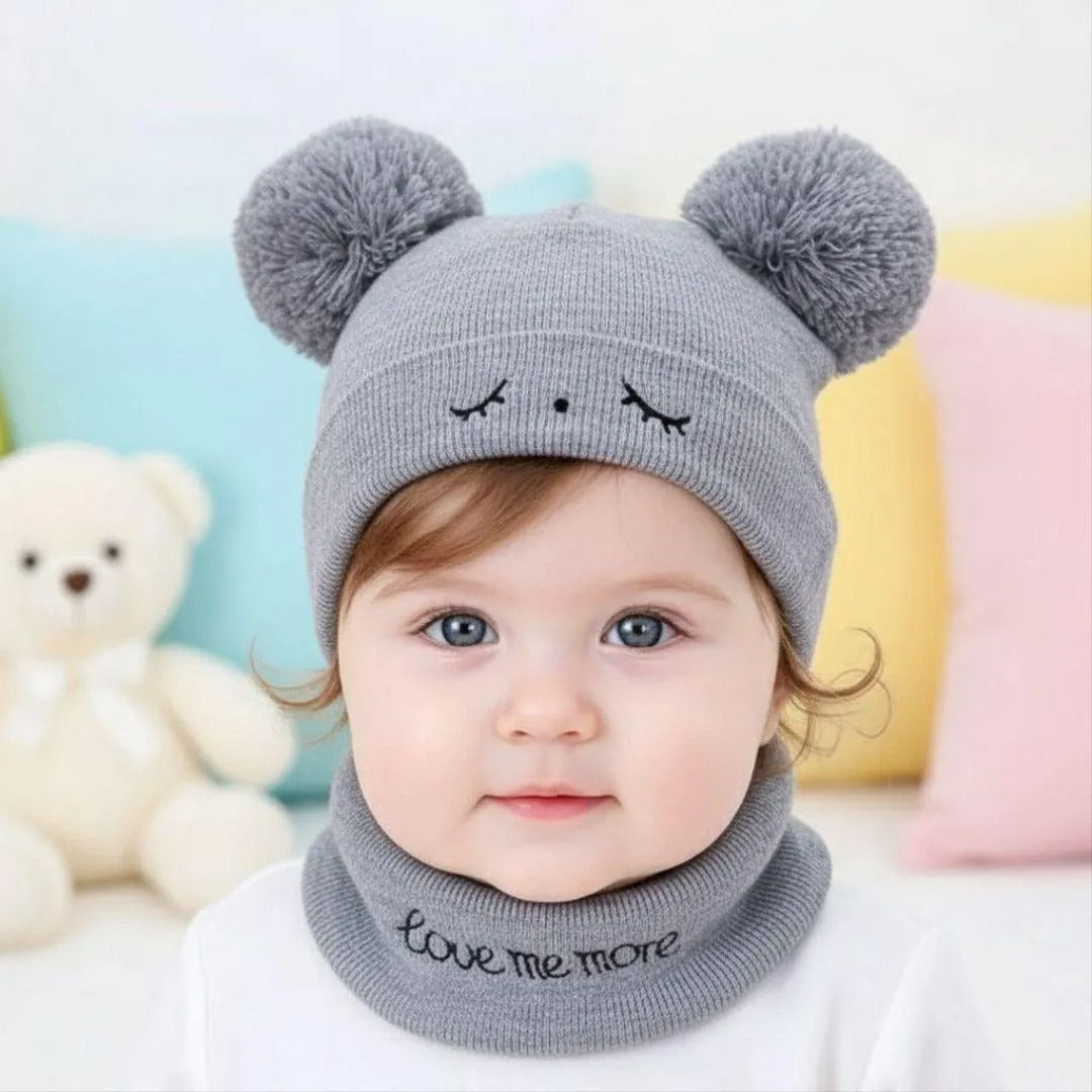 Kids Wool Beanie & Neck Warmer Red Brown Pink Grey Blue