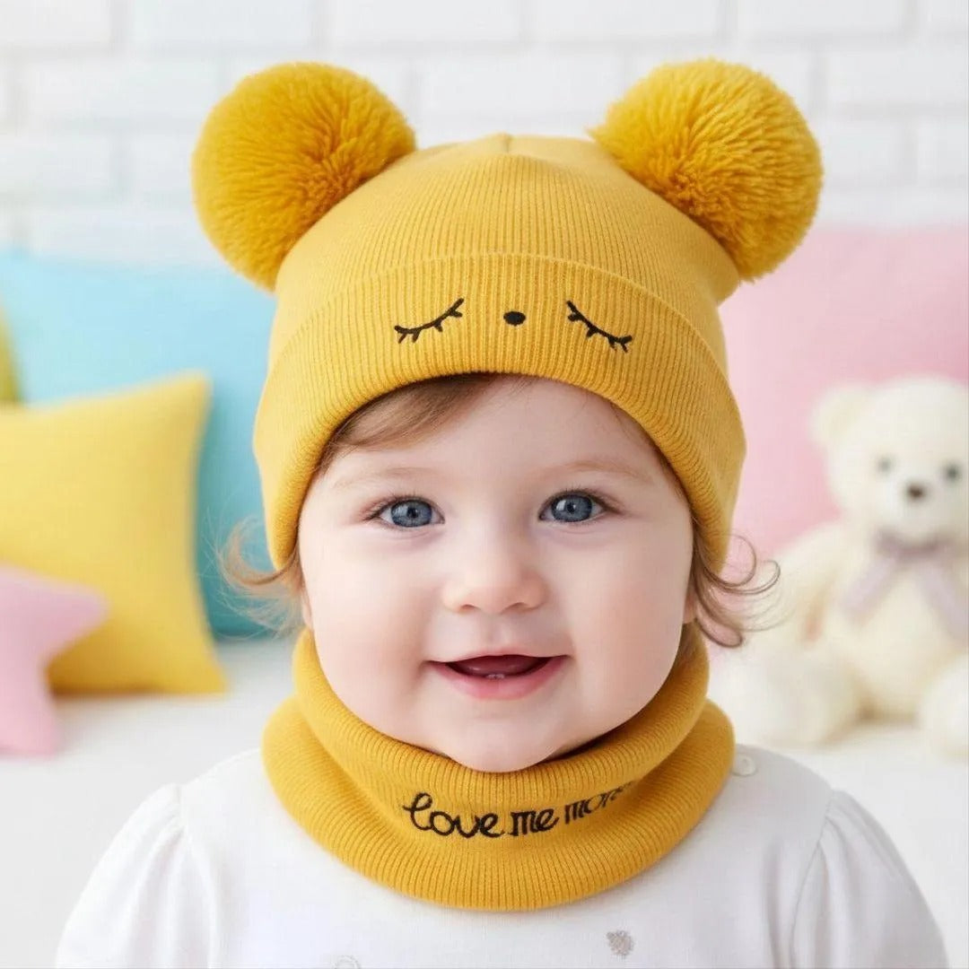 Kids Wool Beanie & Neck Warmer Red Brown Pink Grey Blue