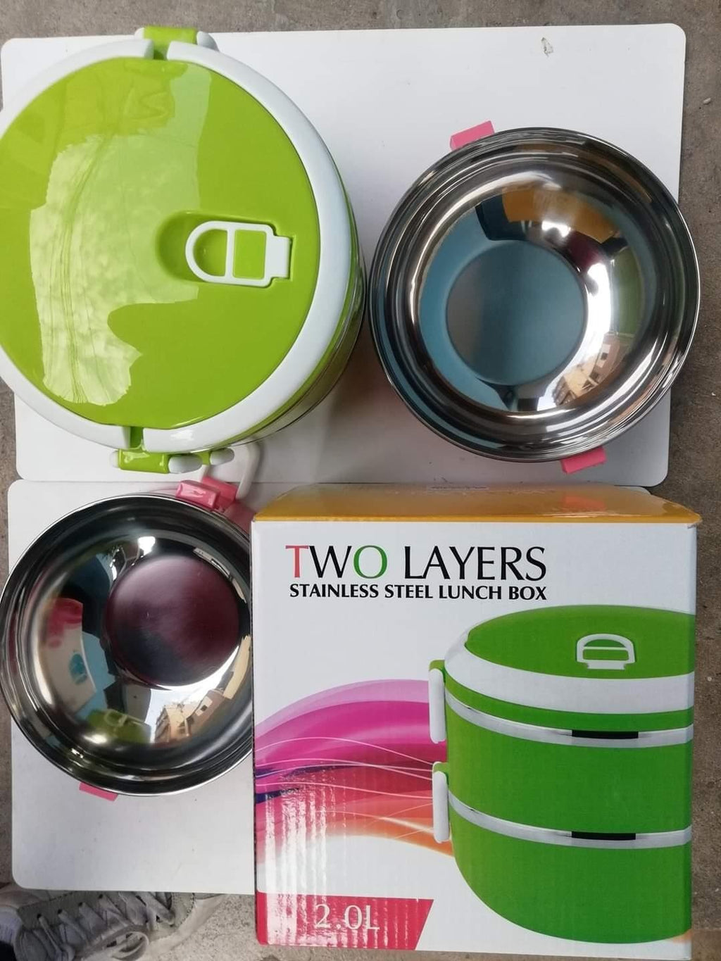 Stainless Steel 2-Layer Lunch Box Large Size Blue Green Pink